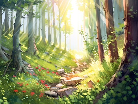 Beautiful summer forest landscape with green trees and sun rays. Digital paintingの素材