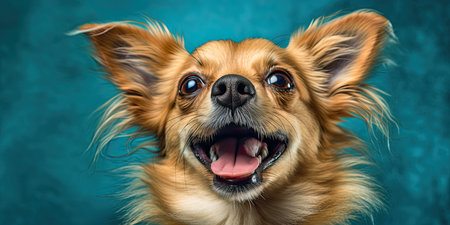 Portrait of a cute chihuahua on a blue backgroundの素材