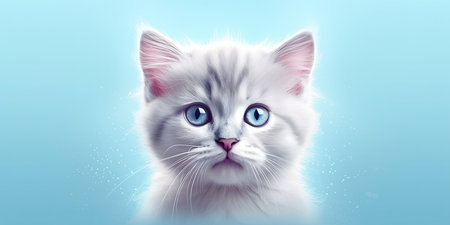 Funny white kitten with blue eyes on blue background. 3d renderingの素材