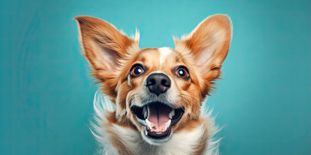 Portrait of a cute brown Welsh Corgi dog on a blue backgroundの素材