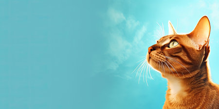 Beautiful cat portrait on blue background with copy space. Collage.の素材