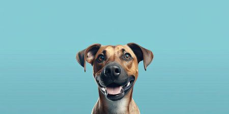 Portrait of a Rhodesian Ridgeback dog on a blue backgroundの素材
