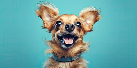 Portrait of a cute chihuahua dog on a blue backgroundの素材