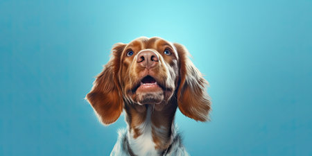 Portrait of a cute English springer spaniel on a blue backgroundの素材