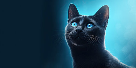 Portrait of a black cat with blue eyes on a blue backgroundの素材