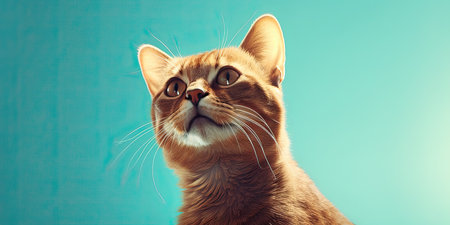 Portrait of a beautiful ginger cat on a blue background. Studio shot.の素材