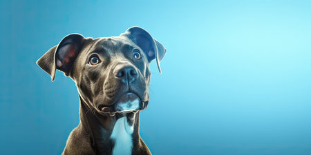 Cute blue pitbull dog on blue background with copy space.の素材