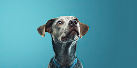 Portrait of a blue Weimaraner dog on a blue backgroundの素材