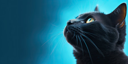Close-up portrait of a black cat on a blue background.の素材