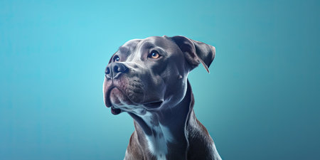 Portrait of a blue Great Dane dog. Studio shot over blue background.の素材
