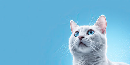Portrait of a white cat with blue eyes on a blue backgroundの素材