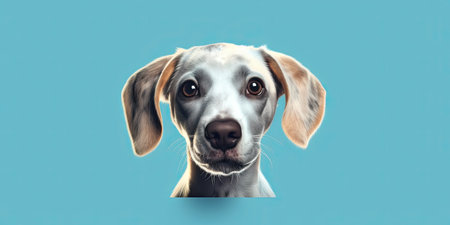Cute dog looking through a hole in a blue wall with space for textの素材