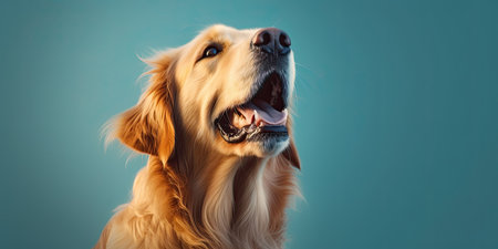 Cute golden retriever dog on a blue background. Studio shot.の素材