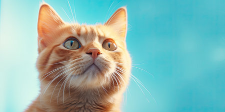Cute ginger cat on blue background. Close up. Shallow depth of field.の素材