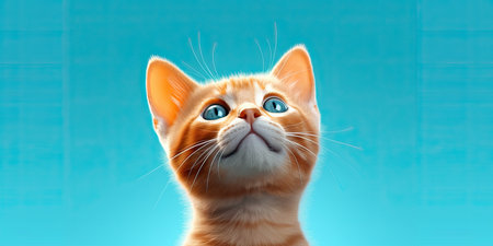 Cute ginger cat on blue background. Close-up portrait.の素材