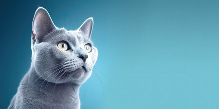 Portrait of a blue cat on a blue background with copy spaceの素材