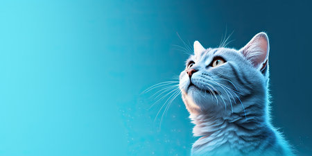 Close-up portrait of a beautiful cat on a blue background.の素材