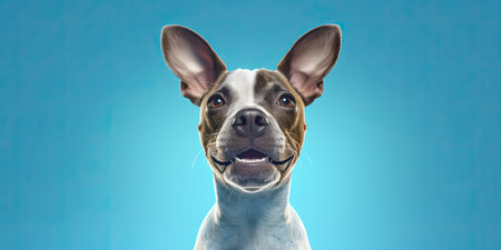 Funny dog isolated on blue background. Portrait of a dog.の素材