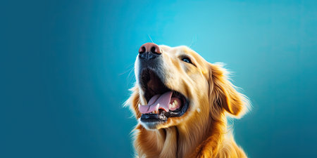 Golden Retriever dog on blue background. Close-up.の素材