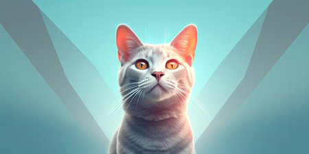 Portrait of a cat with orange eyes looking up on blue backgroundの素材