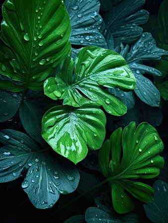 Green leaves with water drops on dark background. Tropical jungle concept.の素材