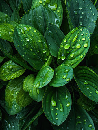 Green leaves with drops of water after the rain. Natural background.の素材