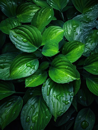 Green leaves background with raindrops. Nature concept. Top view.の素材