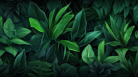 Realistic Detailed 3d Green Tropical Leaves Background. Vector Illustrationの素材