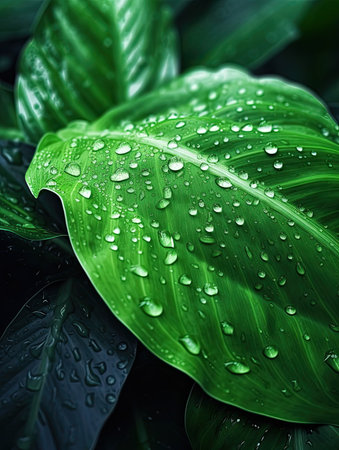 Green leaves with drops of water, close-up. Nature backgroundの素材