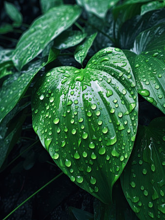 Raindrops on the leaves of a tropical plant in the rain.の素材