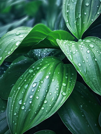 Green leaves with drops of water, close-up. Nature backgroundの素材