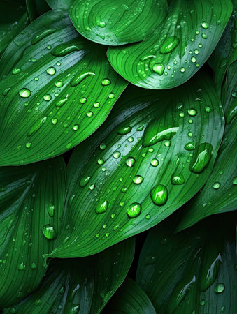 Green leaves with drops of water. Nature background. Close-up.の素材