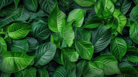 Green leaves background. Top view, flat lay. Nature concept.の素材