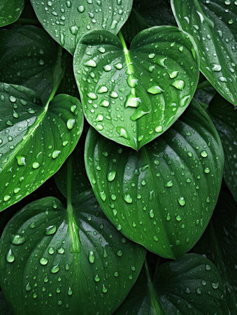 Green leaves with water drops close-up. Natural floral background.の素材