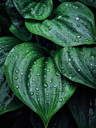 Green leaves with drops of water, close-up. Nature backgroundの素材