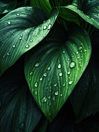 Green leaves with drops of water. Nature background. Close up.の素材