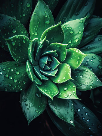 Close up of succulent plant with water droplets on leaves.の素材