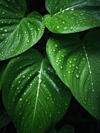 Water droplets on the leaves of a tropical plant. Natural background.の素材