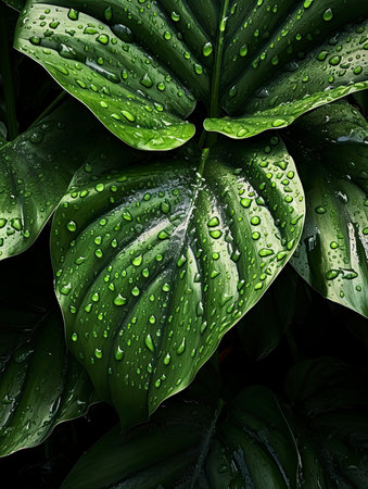 Green leaves with drops of water, close-up. Nature backgroundの素材
