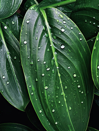 Green leaves with drops of water on a dark background close-upの素材