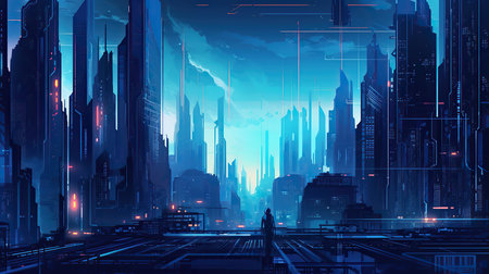 Futuristic city with neon lights. Futuristic city concept. Vector illustration.の素材
