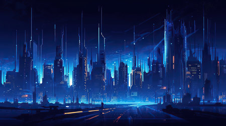 Futuristic city at night with neon lights. 3d renderingの素材