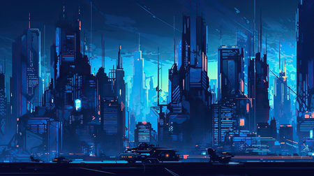 Night city with skyscrapers and neon lights. Vector illustration.の素材
