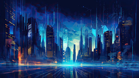Abstract city background. Futuristic cityscape with skyscrapers and neon lights.の素材
