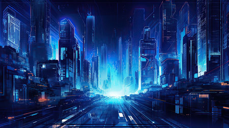 Futuristic city at night with neon lights. 3d renderingの素材
