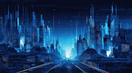 Abstract futuristic city background with high tech buildings and light trails. 3d renderingの素材