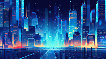 Futuristic city with neon lights. Futuristic city. Vector illustration.の素材