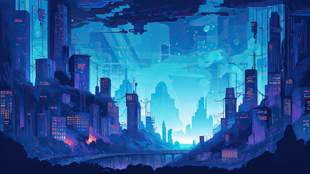 Cityscape background. Futuristic city with skyscrapers. Vector illustration.の素材