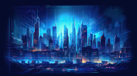 Abstract glowing city background. Futuristic cityscape. Vector illustration.の素材
