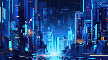 3d rendering of abstract futuristic city with skyscrapers and light trailsの素材